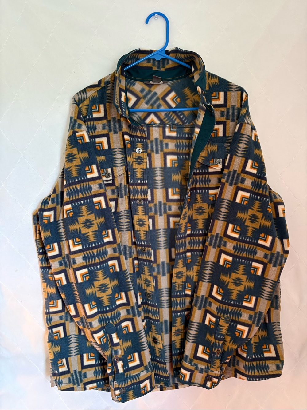 Men's Geometric Pattern Fleece Jacket - Green & Tan